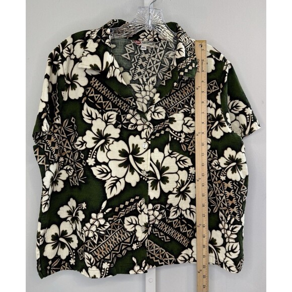 Hilo Hattie Hawaiian Shirt XL Green Tapa Hibiscus Barkcloth 100% Cotton Aloha - Picture 5 of 7